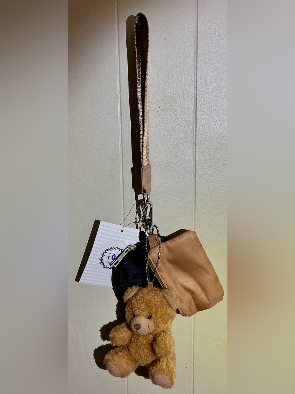 Tan and Black Mini Wristlet Keychain Bag with Teddy Charm